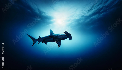 A hammerhead shark silhouette against the vast  open expanse of the deep ocean