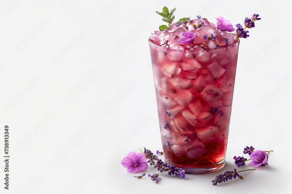 Fresh lavender lemonade with lime slices and lavender flower on white background Fresh lavender lemonade with lime slices and lavender flower on white background
