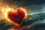 A red heart on fire, with intense flames licking its surface, set against a blurred backdrop of a stormy ocean. The heart is illuminated by the bright, fierce light of the flames.