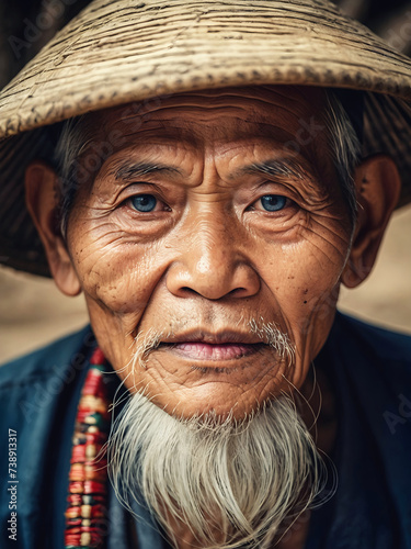 Closeup portrait of elderly wise Vietnamese man, rural area people, diversity