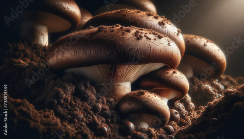 A close-up, detailed image showcasing portabella mushrooms growing out of rich, dark soil