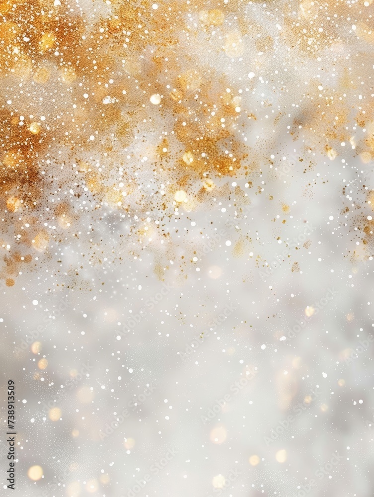 An ethereal winter background, where delicate snowflakes and golden bokeh blend to evoke the serene beauty of a snowy day bathed in soft sunlight.