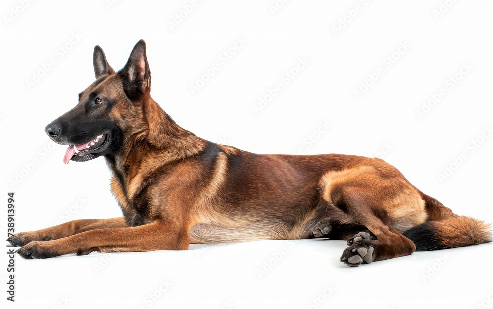 A Belgian Malinois dog lies down gracefully on a white background, its gaze fixed off-camera, embodying both the breed's elegance and attentiveness.. A Belgian Malinois dog lies down gracefully on a white background, its gaze fixed off-camera, embodying both the breed's elegance and attentiveness..