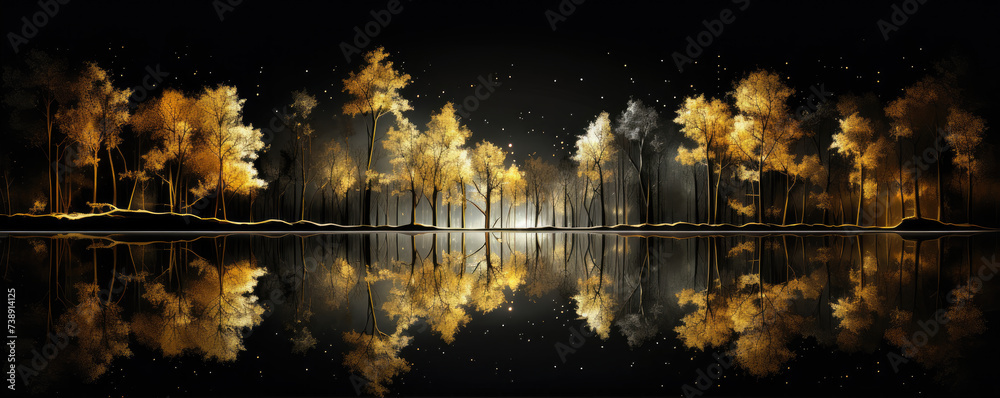 Golden trees near dark lake, reflection in water. Landscape in night.