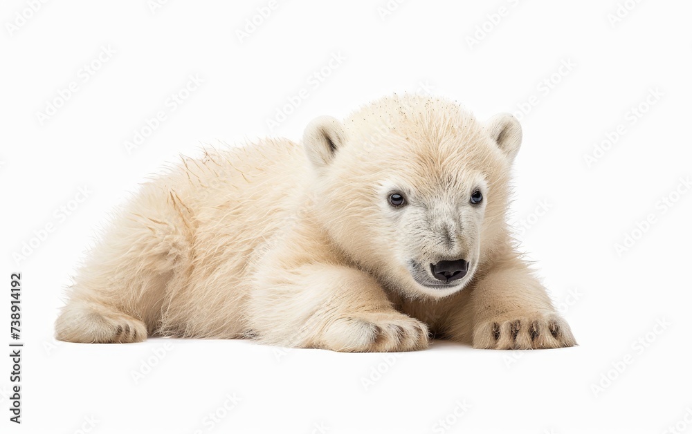 A polar bear cub lies comfortably against a white background, its innocence and vulnerability on full display. The cub's soft fur and relaxed posture create an image of peacefulness and playfulness. A polar bear cub lies comfortably against a white background, its innocence and vulnerability on full display. The cub's soft fur and relaxed posture create an image of peacefulness and playfulness.