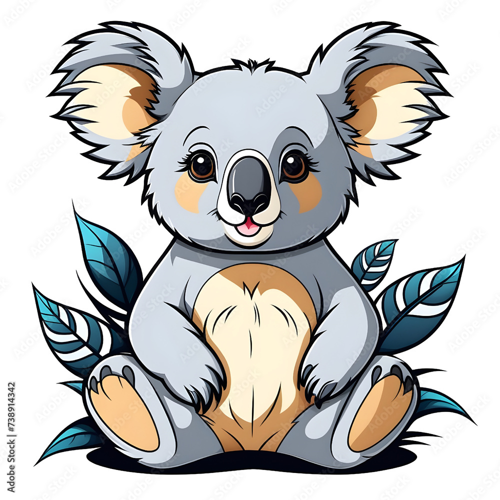Koala Bear On Wood Branch With Green Leaves. Australian Animal Funniest Koala Sitting On Eucalyptus Branch. Cartoon Vector Illustration. Koala Bear On Wood Branch With Green Leaves. Australian Animal Funniest Koala Sitting On Eucalyptus Branch. Cartoon Vector Illustration.