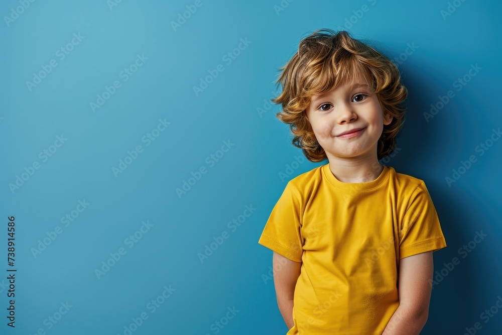 Boy in yellow shirt smiling against a blue wall.