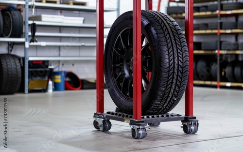 A single black wheel mounted on a tire is displayed on a red rack, set against the backdrop of a tidy tire warehouse. The rack's mobility is emphasized by its rolling casters.