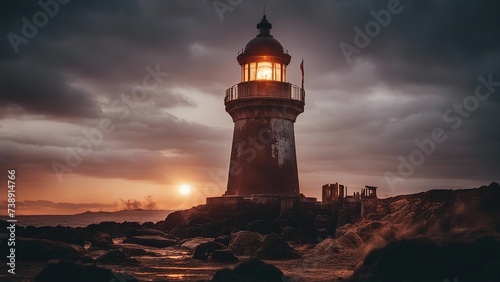 lighthouse at sunset A scary lighthouse in a hellish fire, with , flames, 