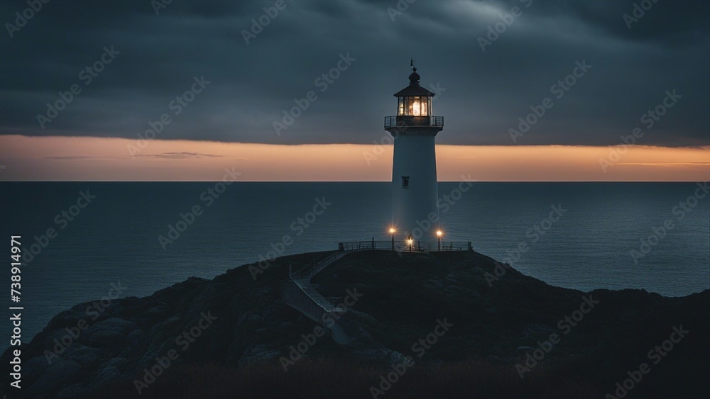 lighthouse at dusk  lighthouse at night by the sea,   lighthouse is haunted by a ghost that flickers the light  