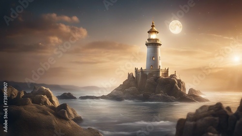 lighthouse at sunset A fantasy lighthouse in a magical kingdom, with stars, moon,  