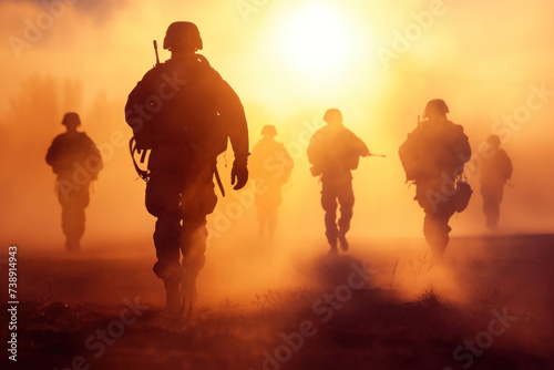 Brave Soldiers Running into Battle Through Dust and Glowing Sunset Light © KirKam