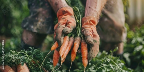 Man farmer in gloves harvesting ripe carrots in plot on background of garden at sunny day. Farmer holding freshly harvested organic carrots at vegetable garden. Agriculture and healthy food concept. 