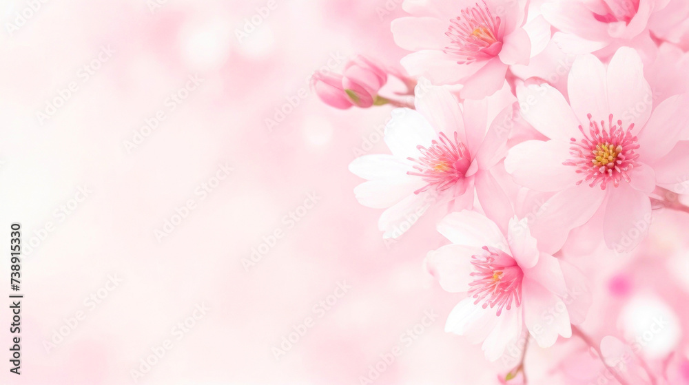 Banner with Sakura flowers on pink blurred background, with copy space for text. Branch of blooming cherry blossom. Spring theme