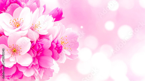 Banner with Sakura flowers on pink blurred background, with copy space for text. Branch of blooming cherry blossom. Spring theme