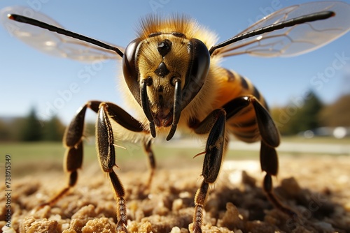 Close-up of a honey bee on a pastel yellow background. The bees body, wings, and legs are fuzzy, and its eyes are dark brown. Perched on wood with outstretched antennae.