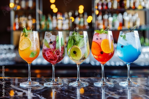 Five assorted colorful cocktails with various fruits on a glossy bar counter.