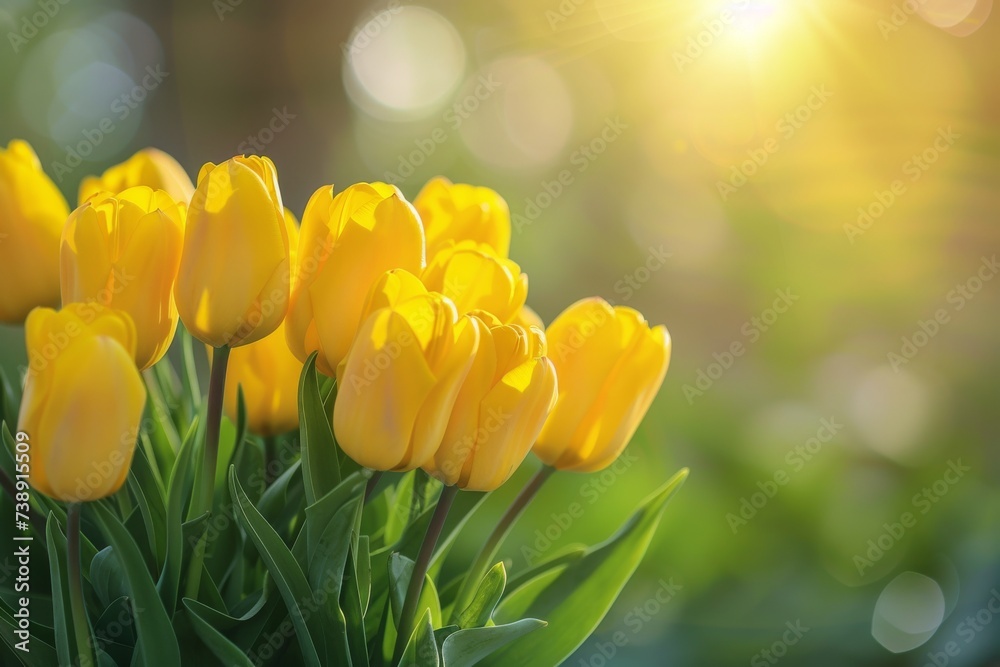 Obraz premium Bright yellow tulips illuminated by the golden rays of the sun in a serene garden.