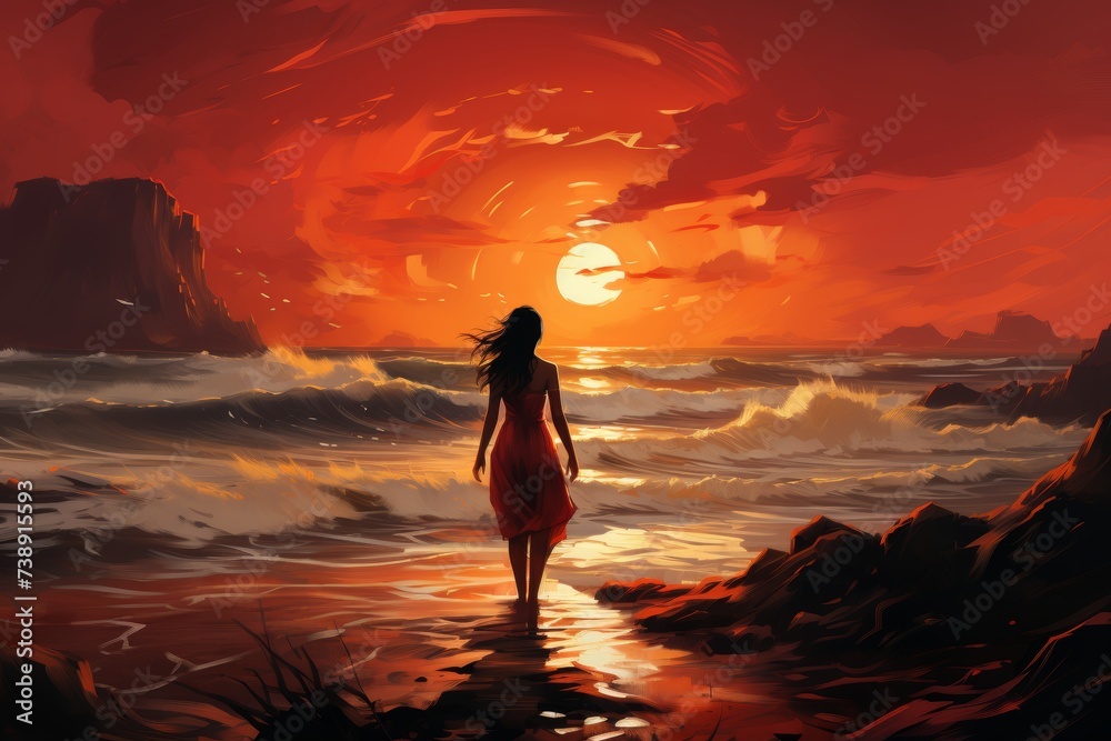 A woman in a red dress walks on a rocky beach at sunset. The sky is orange, the water calm. She is barefoot with long dark hair, evoking calmness.