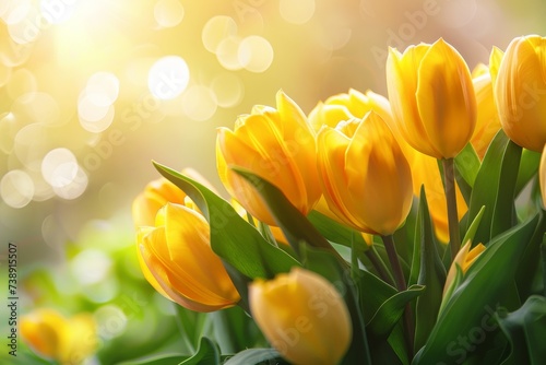 Bright yellow tulips in full bloom bathed in warm sunlight, signaling the arrival of spring. #738915507