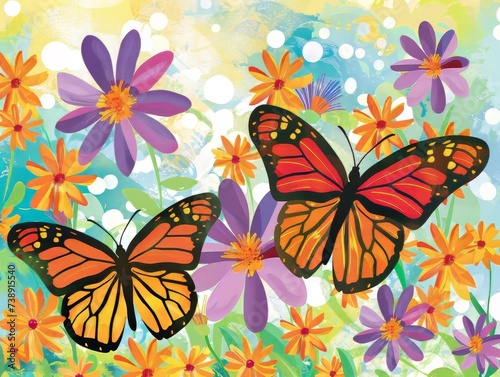 Artistic depiction of butterflies amidst blooming colorful flowers representing the beauty of spring.