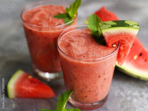 Two refreshing watermelon smoothies garnished with mint leaves.