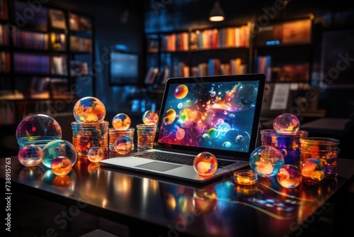 A laptop with a vibrant cosmic-themed wallpaper on its screen, surrounded by glowing glass orbs that cast colorful reflections