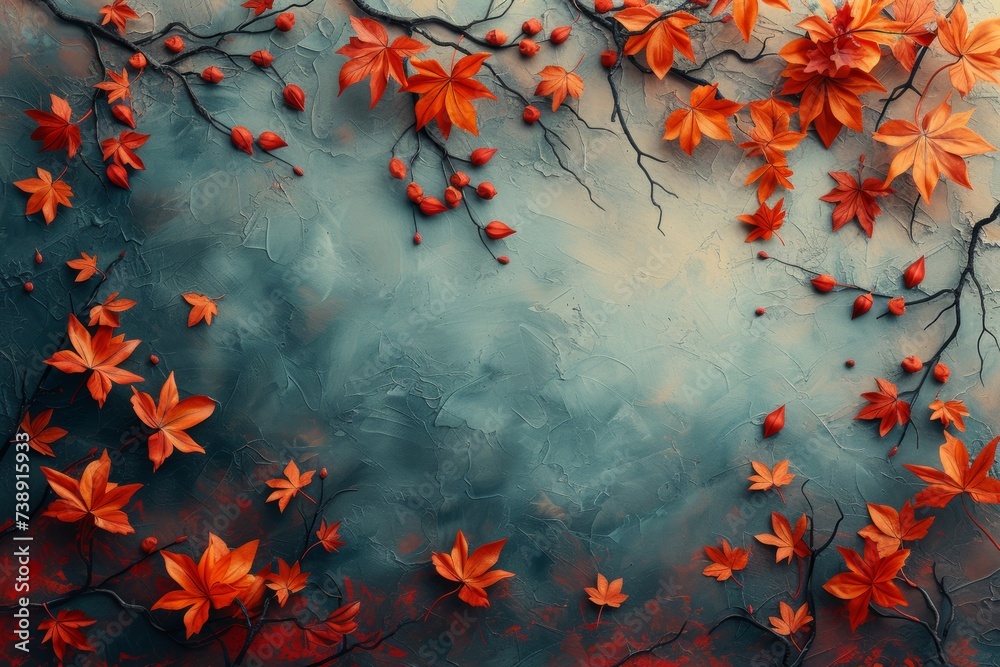 Autumn leaves, blue wall background