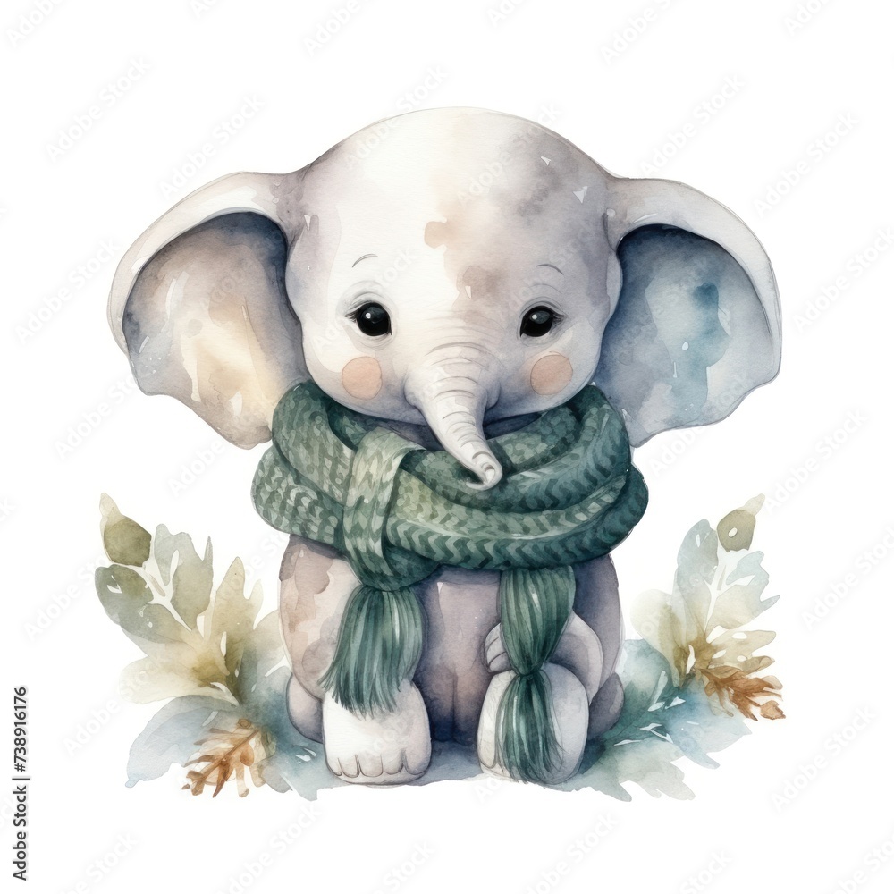 Beautiful cute watercolor illustration of a elephant in a knitted hat and scarf for a children's book isolated