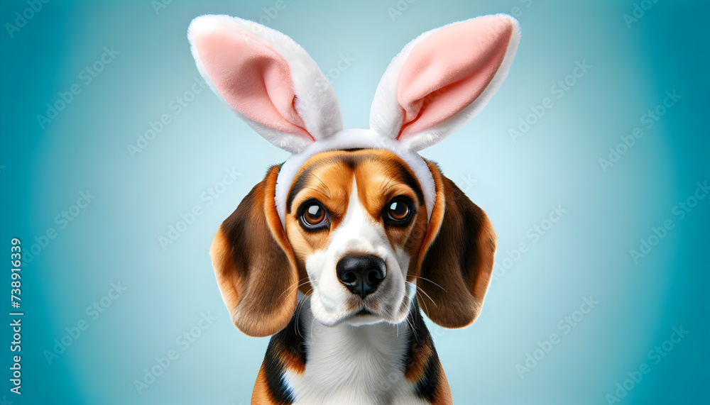a happy cute dog sitting with a Easter bunny ears headband on him on an Easter themed background for Easter