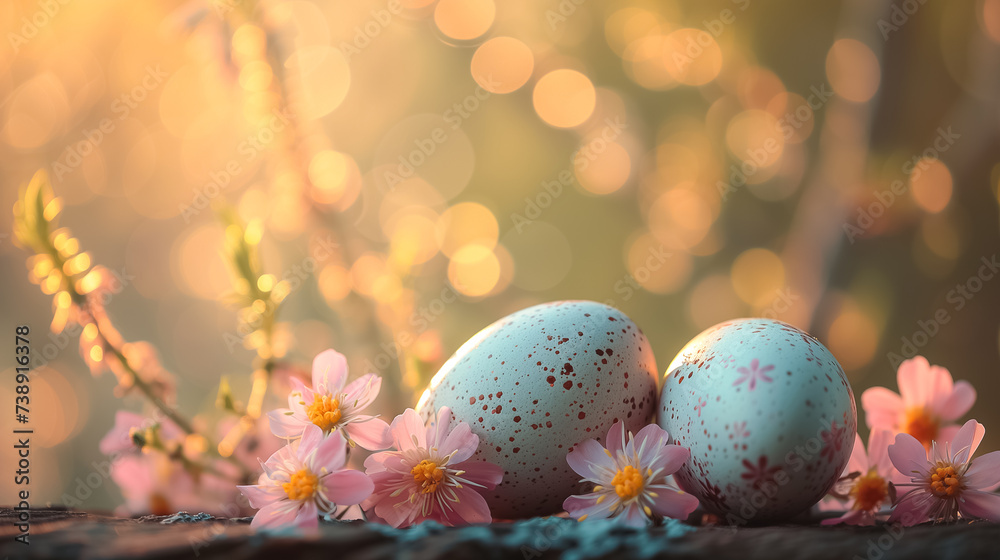 Easter card with pastel colors Easter eggs on wood with flowers on blurred background. free space Easter card with pastel colors Easter eggs on wood with flowers on blurred background. free space