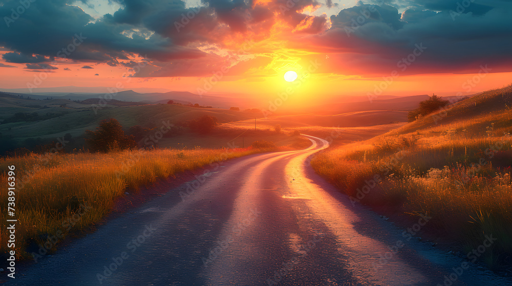 Beautiful rural asphalt road scenery at sunset