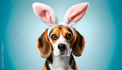 a happy cute dog sitting with a Easter bunny ears headband on him on an Easter themed background for Easter © Zense