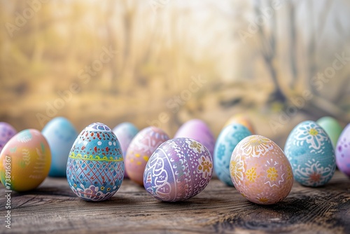 A rustic wooden table adorned with an array of hand-painted Easter eggs, each with intricate patterns in pastel colors. The background is softly blurred, emphasizing the eggs' detail.