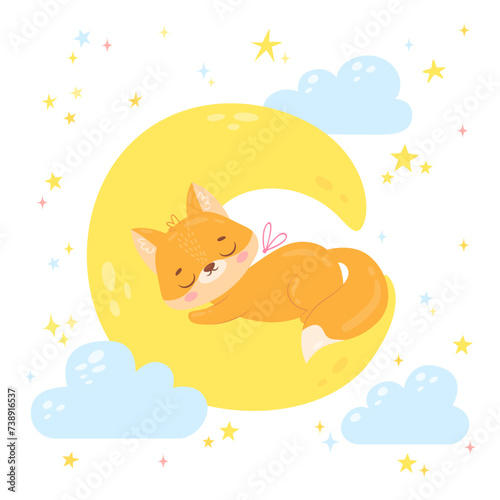 Baby fox sleeps on the half moon with a stars and clouds. Cute hand drawn fox relaxing on the moon.Cartoon character for invitation, poster, sticker, print and greeting card. Vector illustration