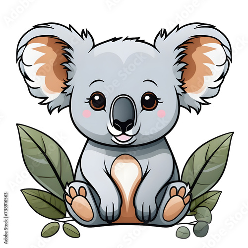 Koala Bear On Wood Branch With Green Leaves. Australian Animal Funniest Koala Sitting On Eucalyptus Branch. Cartoon Vector Illustration.