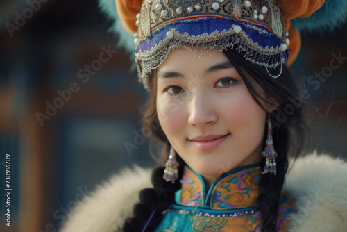 Heritage and Beauty: Young Woman Adorned in Traditional Mongolian Attire