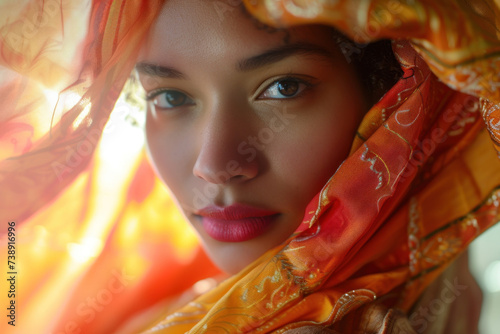 Enigmatic Beauty: Young Woman Veiled in a Golden Orange Scarf