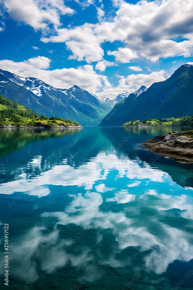 Serene Solitude: Breath Taking Picturesque Scene of Turquoise Fjord Embraced by Snow-Dusted Mountains