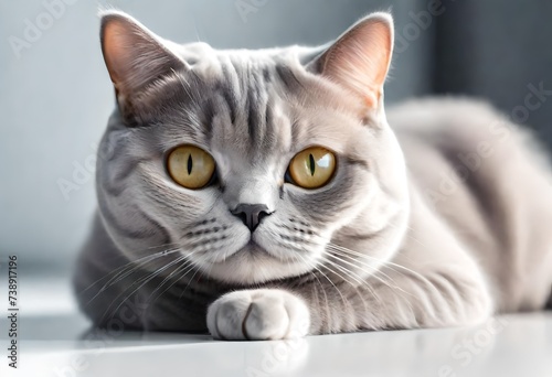 British Shorthair cat lying on white table. Looking at copy-space. AI generated