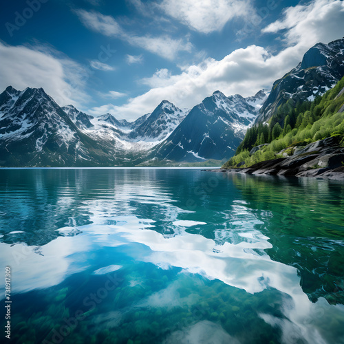 Serene Solitude: Breath Taking Picturesque Scene of Turquoise Fjord Embraced by Snow-Dusted Mountains