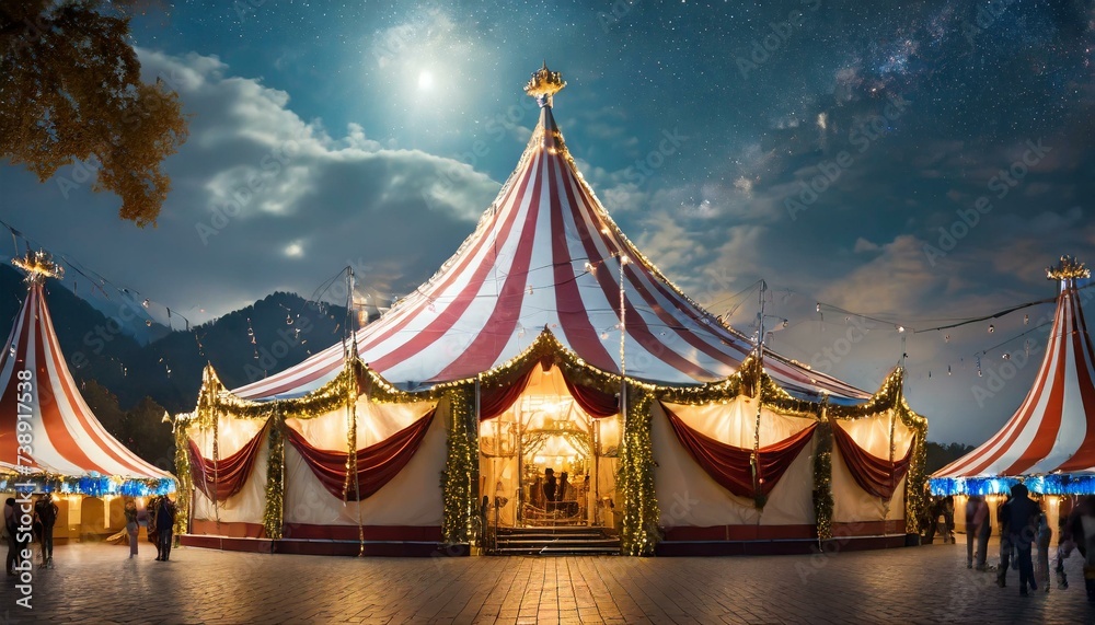 Circus tent with illuminations lights at night. Cirque facade. Festive attraction - obrazy, fototapety, plakaty 