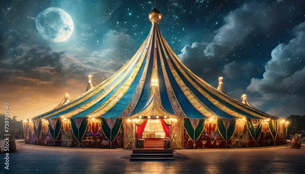 Circus tent with illuminations lights at night. Cirque facade. Festive attraction - obrazy, fototapety, plakaty 