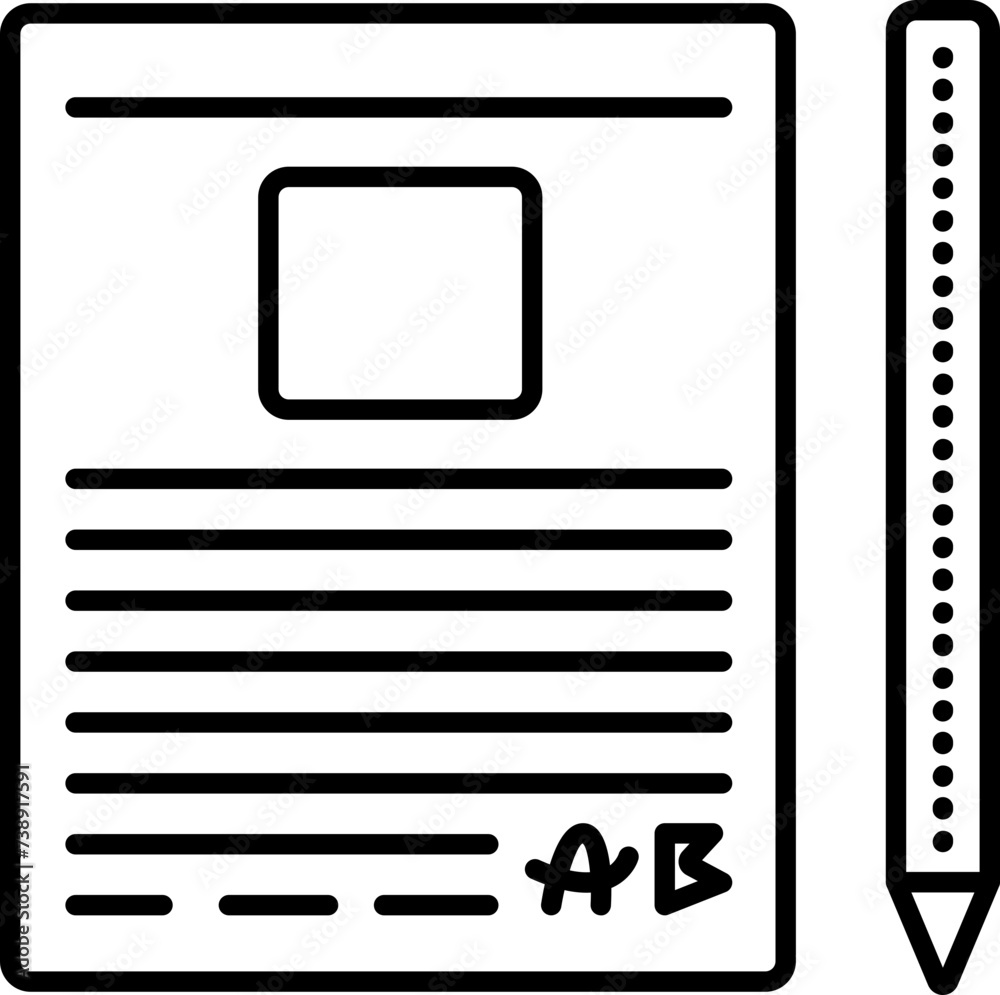 Document template and pen, black line vector icon, pictogram of a paper form with place for a photo, conditional text and signature Document template and pen, black line vector icon, pictogram of a paper form with place for a photo, conditional text and signature