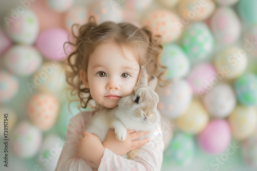cute little girl holds and hugs fluffy rabbit in arms on Easter decor background. Easter bunny