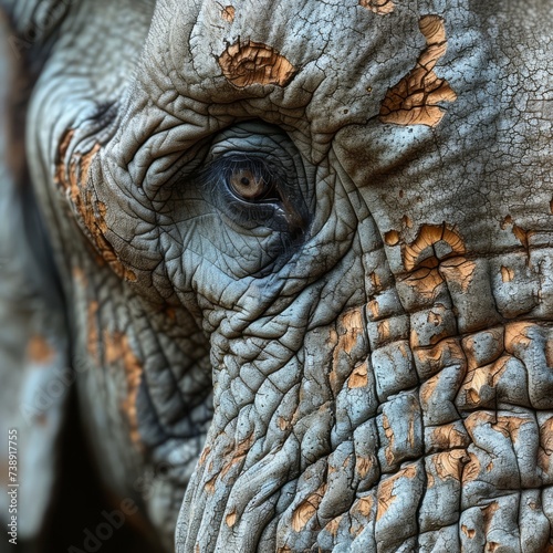 A close-up of a wise and elderly elephant, emphasizing the wrinkles and textures of its skin, symbolizing strength and wisdom. 