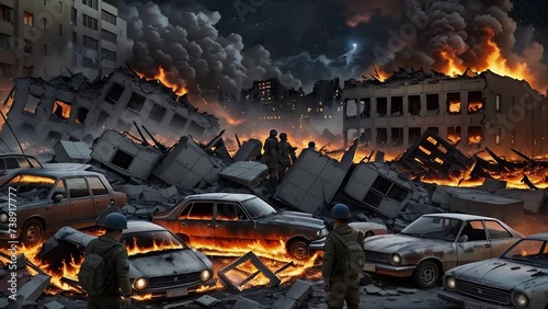 War concept. Bombing of the city. Explosions and fire. Ruined city with destroyed buildings, burnt-out vehicles and ruined street. photo