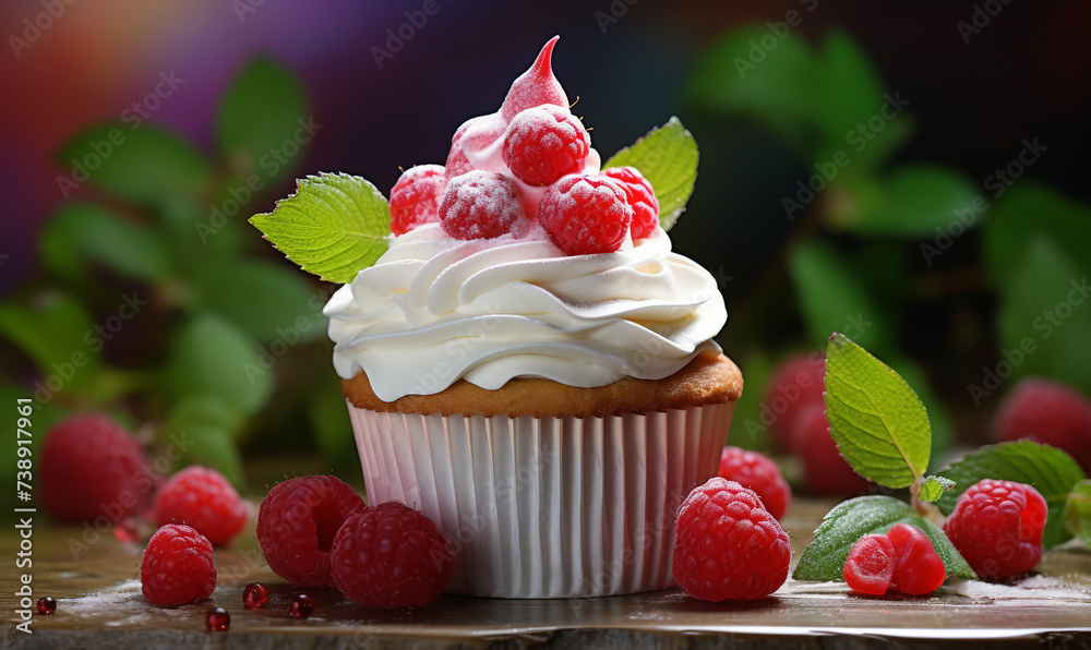 Cupcake with fresh raspberries and mint on wooden table Cupcake with fresh raspberries and mint on wooden table
