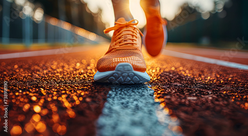 Close-up of runner's shoes on starting block photo