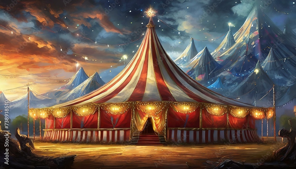 Circus tent with illuminations lights at night. Cirque facade. Festive attraction for the festival and carnival
 - obrazy, fototapety, plakaty 